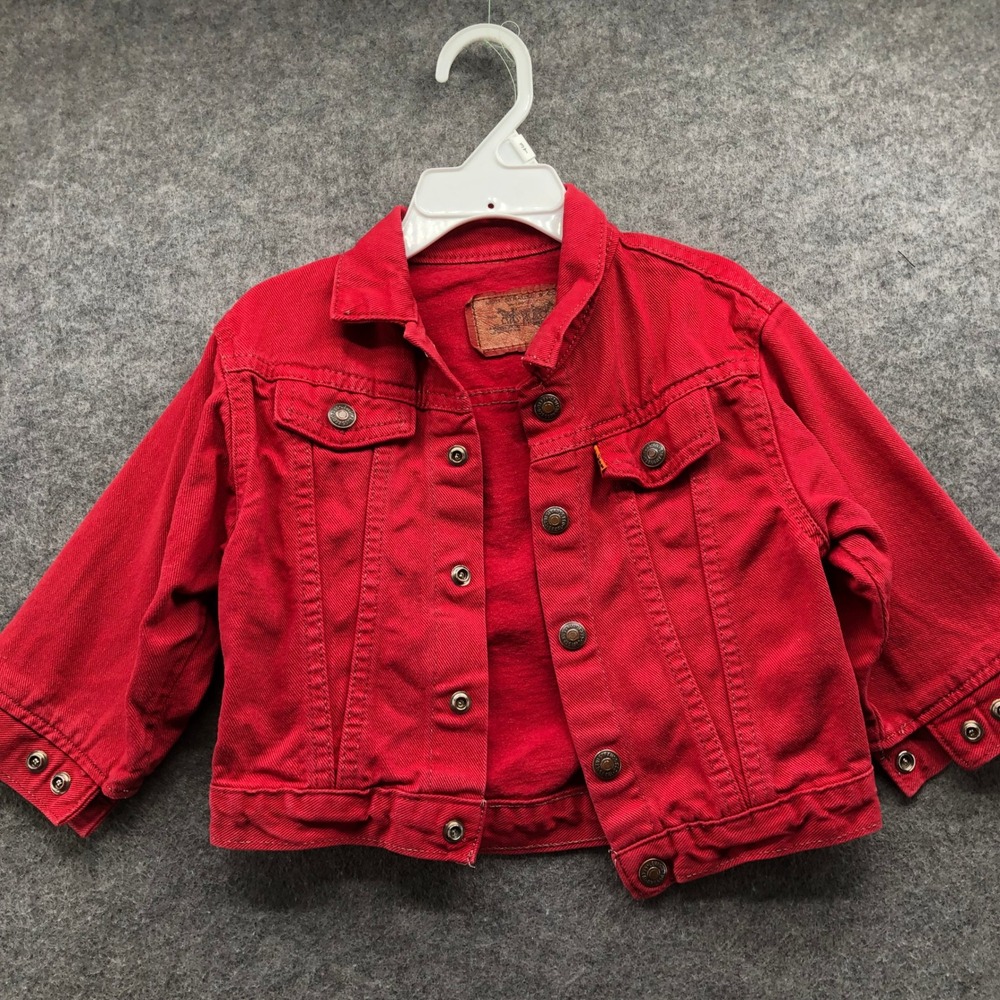 VTG 1993 Little Levi's Red Denim Trucker Jacket 24M Made in USA 90s Baby Kids